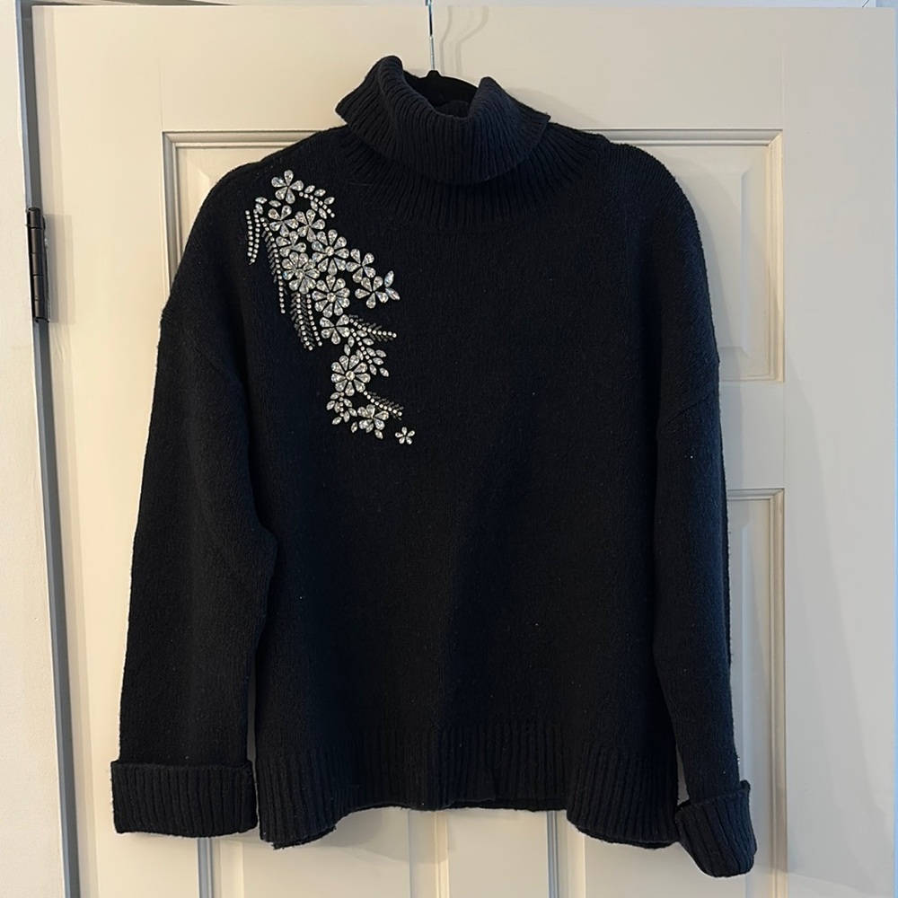 Cinq a Sept Turtleneck Sweater with Floral Embellishments
